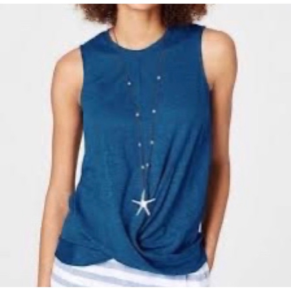 J. Jill Love Linen PS Twist Front Sleeveless Tank Top Petite Small Blue Coastal